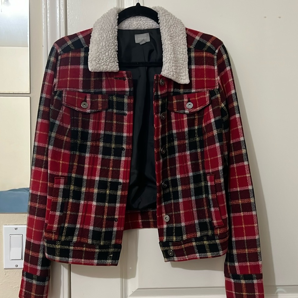 Rubbish Plaid Wool Jacket with Sherpa Collar